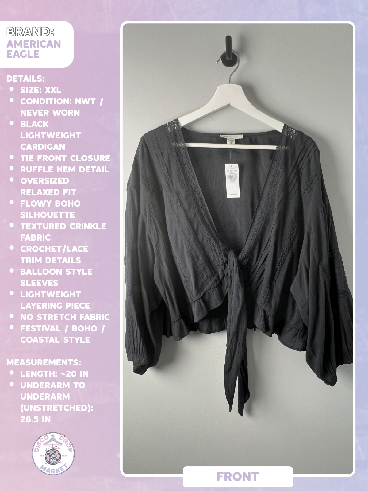 American Eagle Outfitters XXL Black Tie-front Cardigan/Top NWT