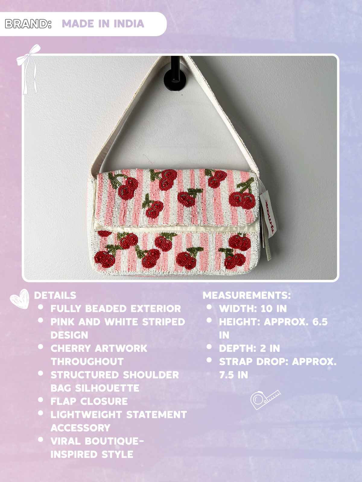 Viral Pink and White Cherry Picnic Beaded Shoulder Bag Made in India