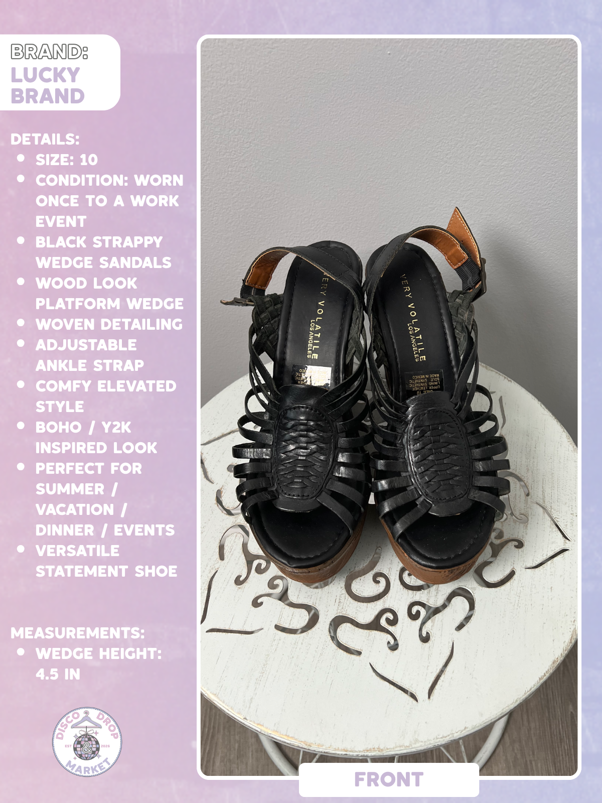 Volatile Los Angeles black wedge sandals in size 10