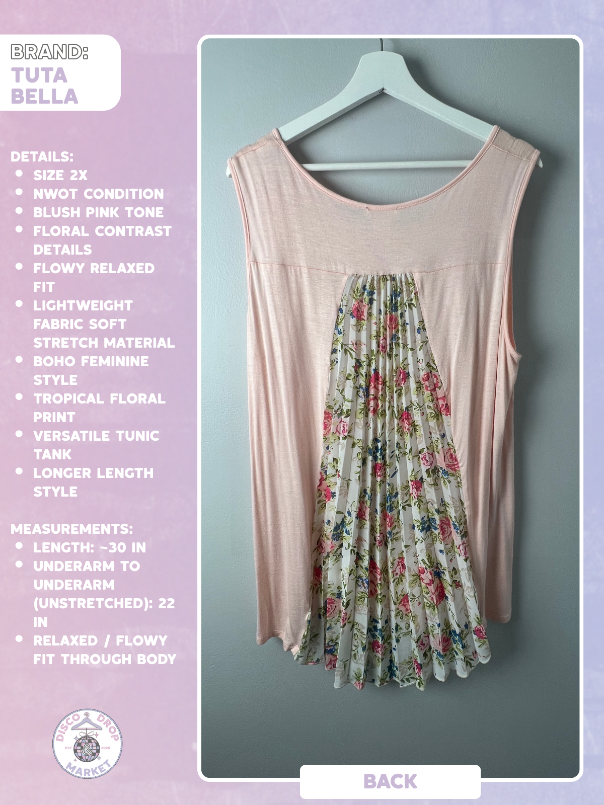 Tuta Bella Pink Floral Flowy Tunic Tank Top 2X NWOT