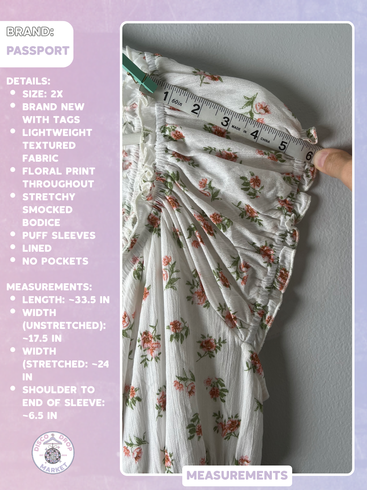 Passport Floral Smocked Puff Sleeve Dress 2X NWT