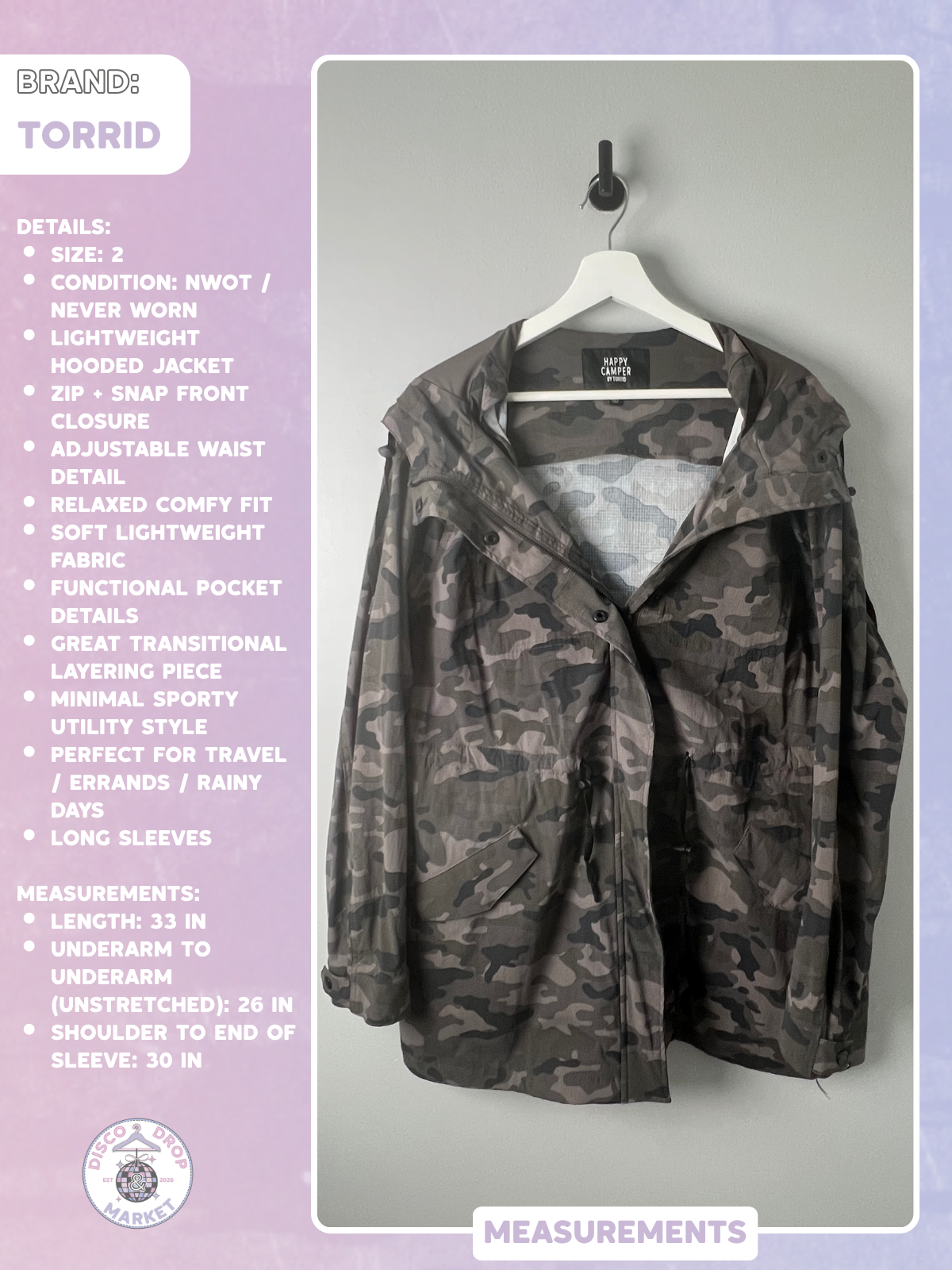 Torrid Happy Camper Camo Utility Jacket Size 2 NWOT Hooded Lightweight Plus Size