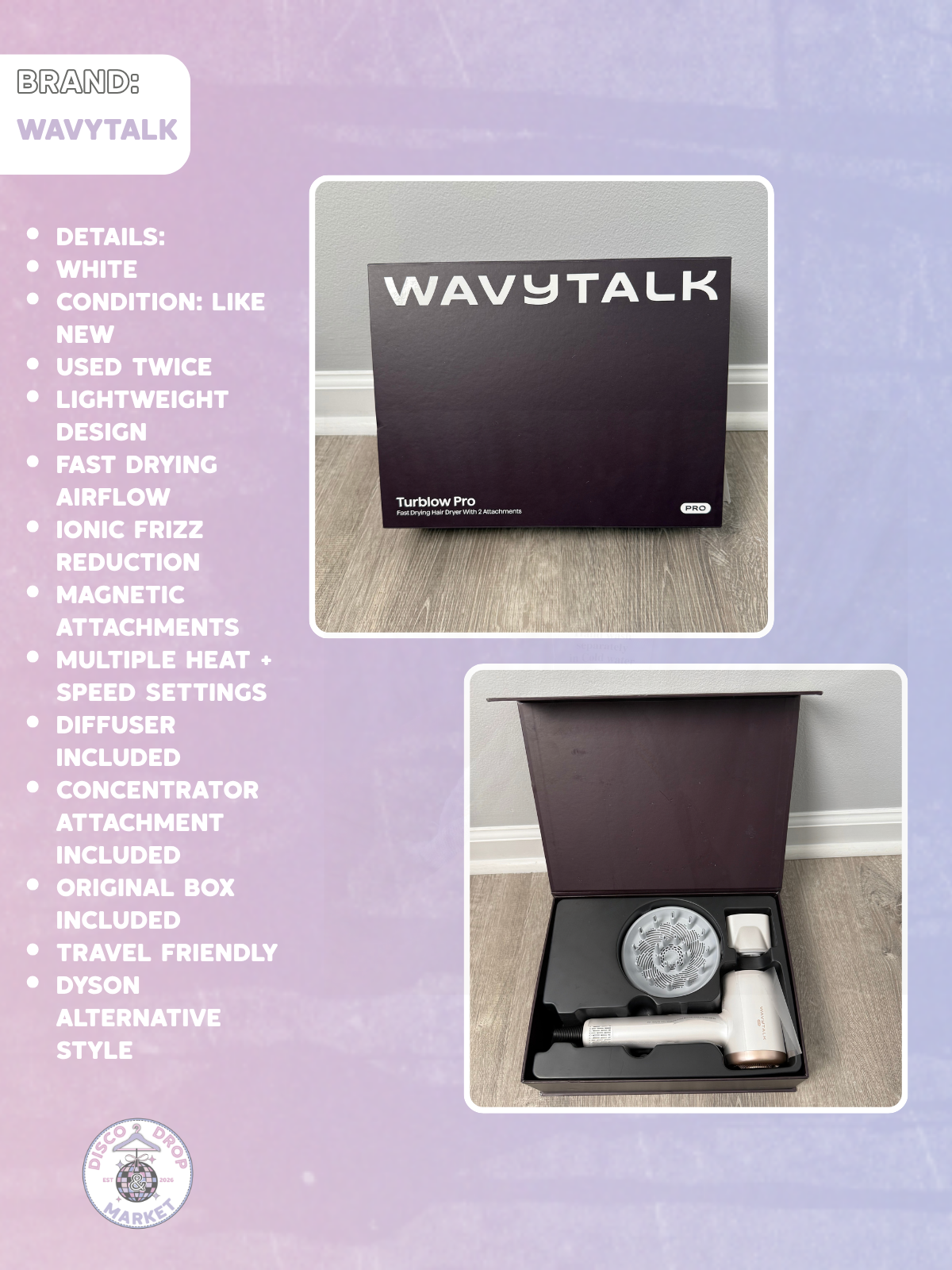 WAVYTALK Turblow Pro Hair Dryer in White USED 2 TIMES