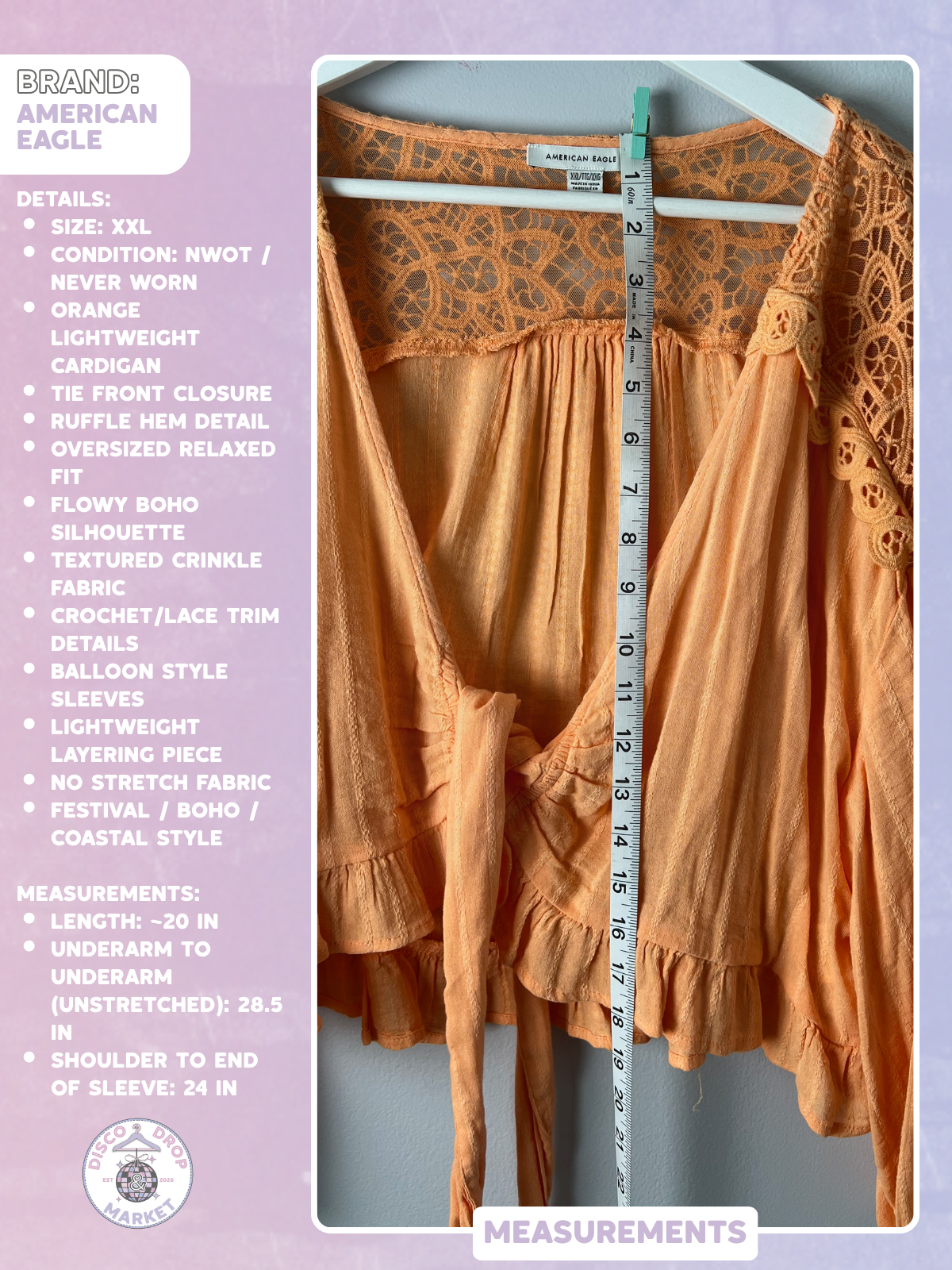 American Eagle Outfitters XXL Summer Orange Boho Tie-front Cardigan NWOT