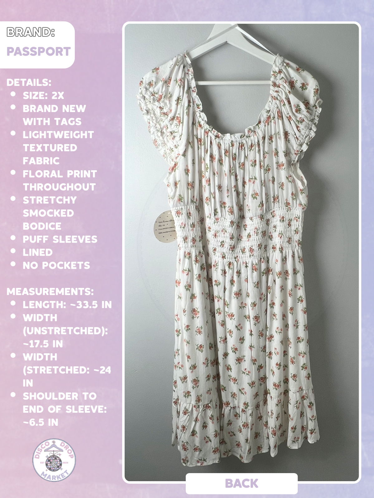 Passport Floral Smocked Puff Sleeve Dress 2X NWT