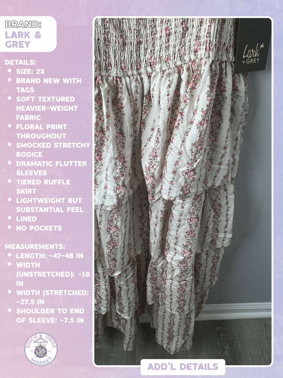 Lark & Grey Floral Smocked - Nashville Vibes - Maxi Dress NWT 2X