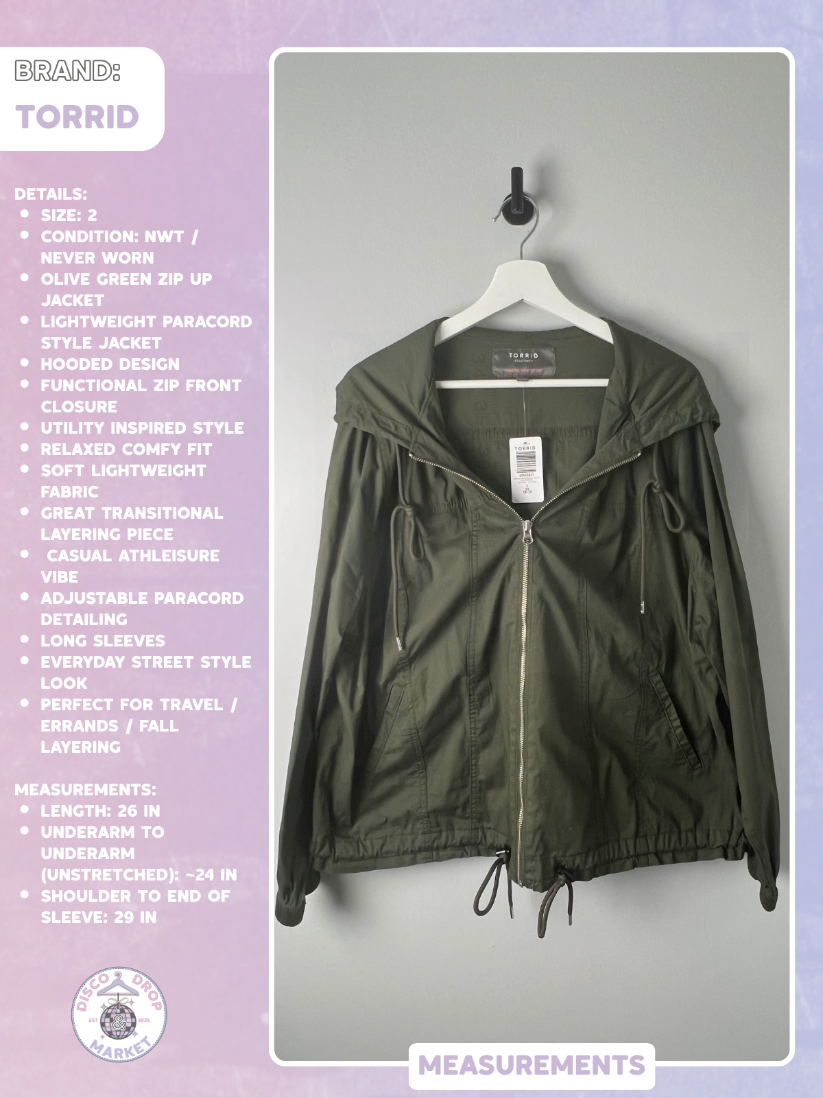 Torrid Olive Green Lightweight Paracord Zip-up Jacket Size 2 NWT