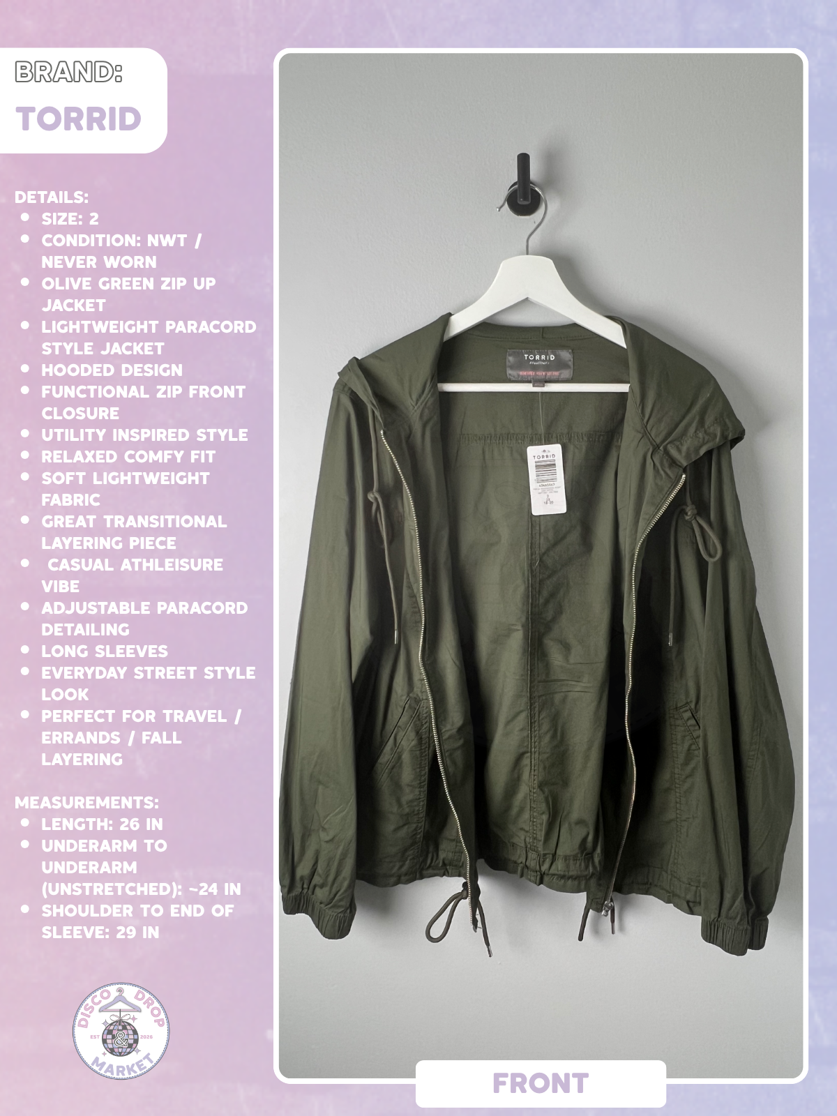 Torrid Olive Green Lightweight Paracord Zip-up Jacket Size 2 NWT
