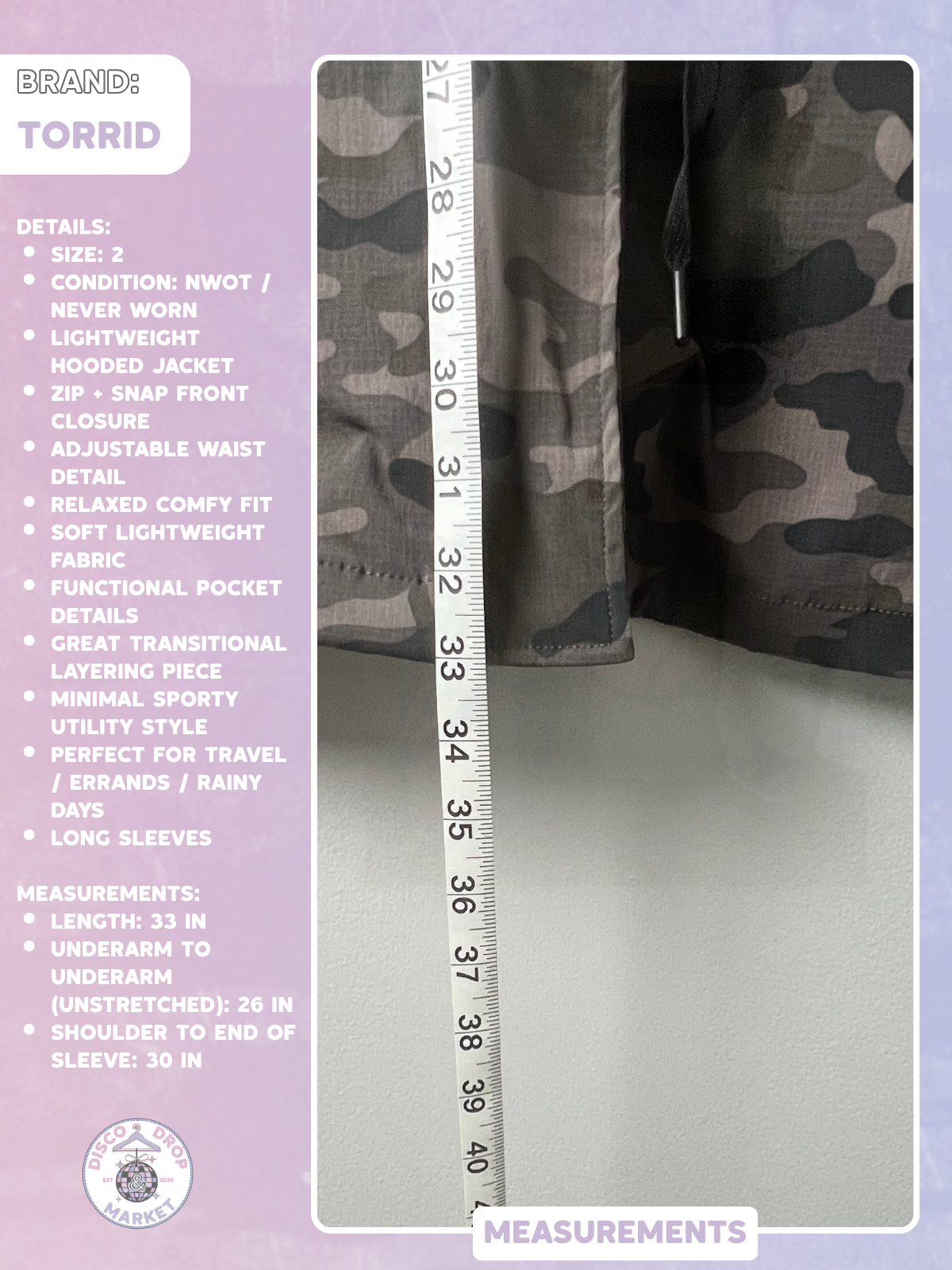 Torrid Happy Camper Camo Utility Jacket Size 2 NWOT Hooded Lightweight Plus Size