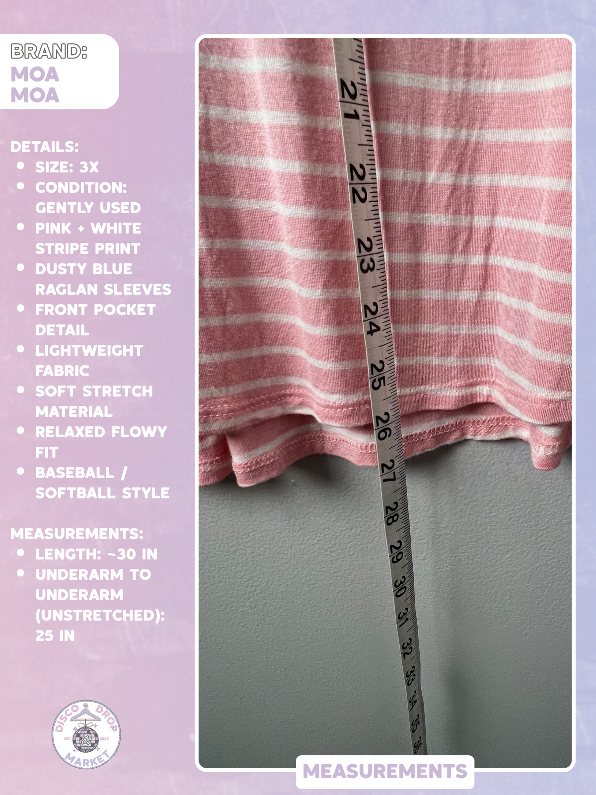 Moa Moa Women’s 3X Pink Stripe Raglan Tunic Top Blue Sleeve Boho Softball Tee