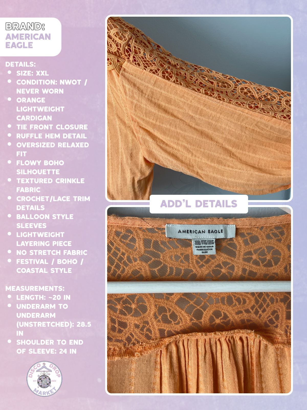 American Eagle Outfitters XXL Summer Orange Boho Tie-front Cardigan NWOT