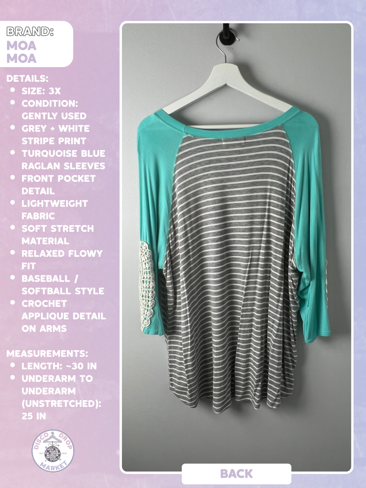 Moa Moa Women’s 3X Grey/White Stripe Raglan Tunic Top Blue Sleeve Softball Tee