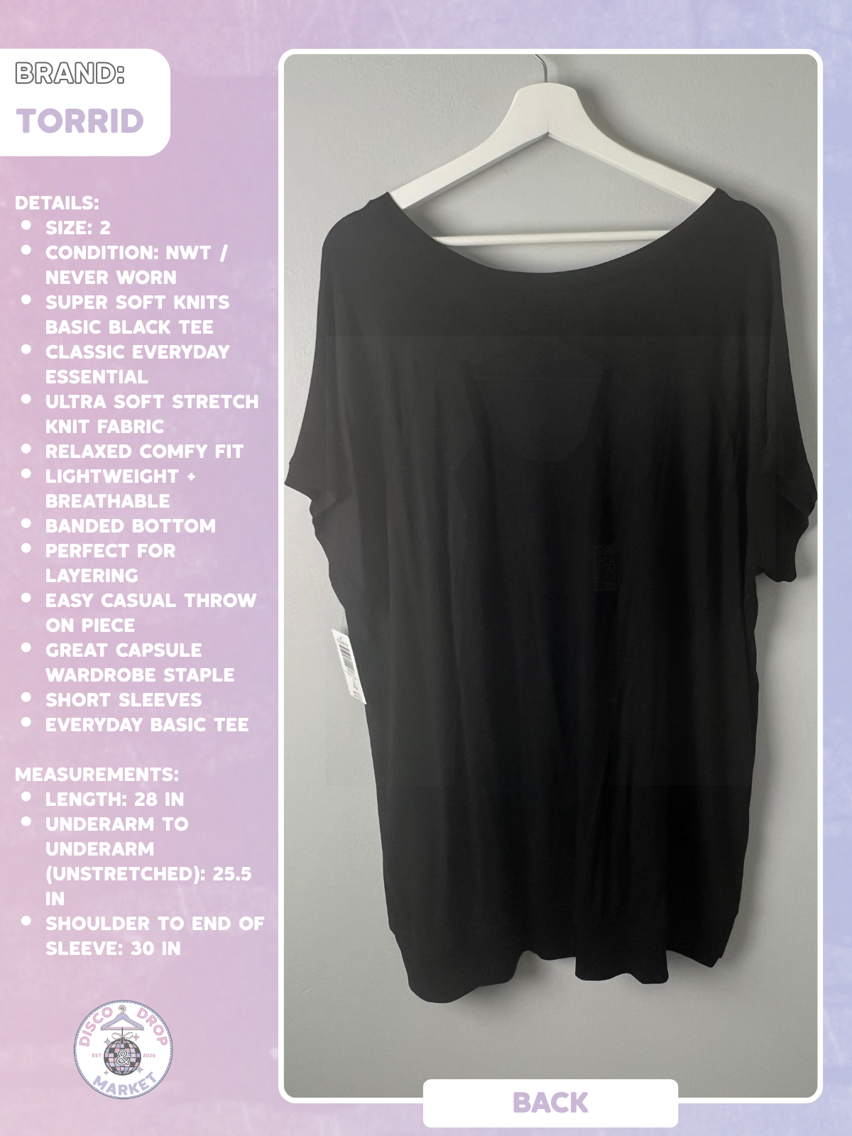 Torrid Super Soft Knits Basic Black Tee Size 2 NWT Plus Size Everyday Essential