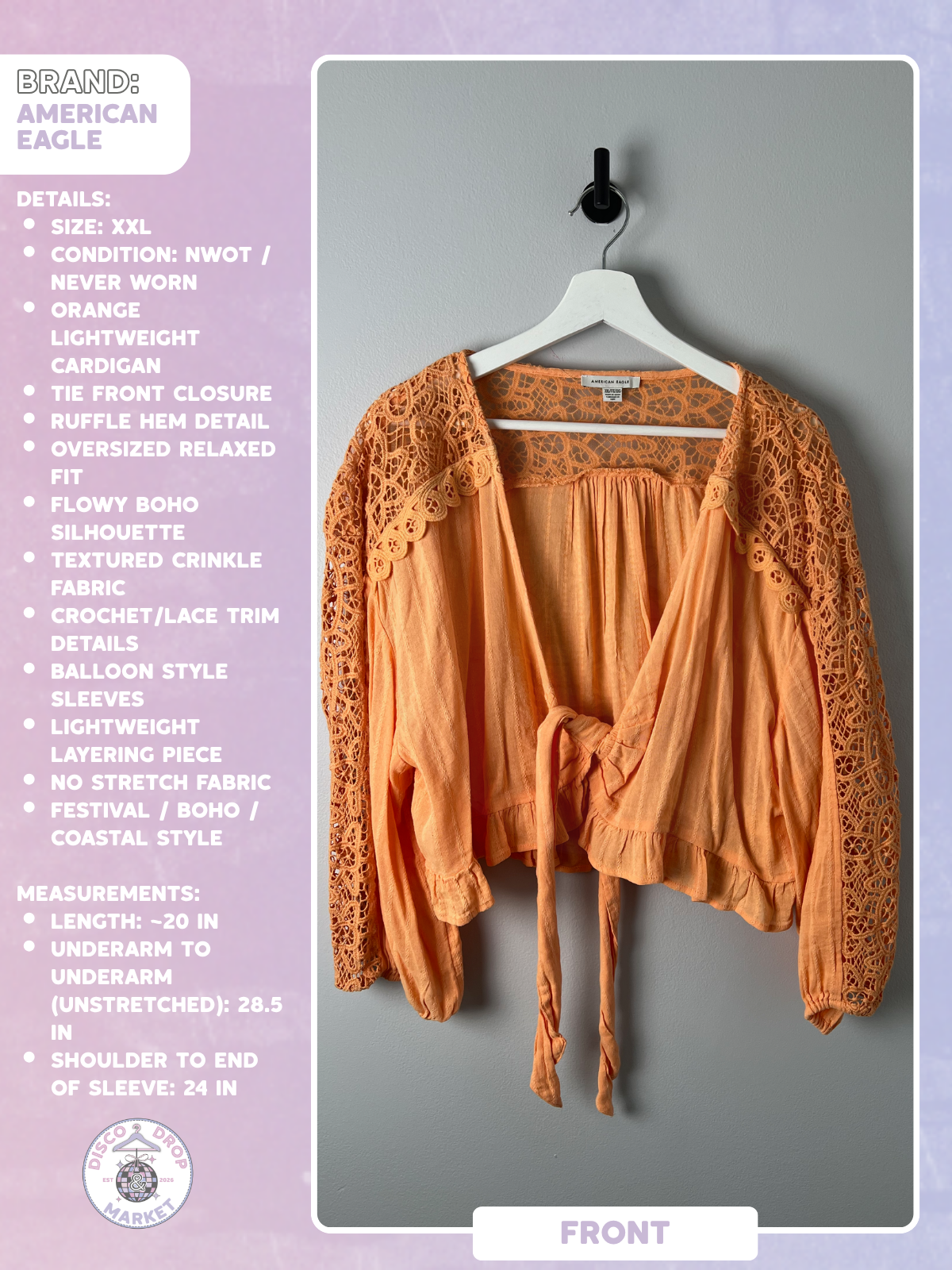 American Eagle Outfitters XXL Summer Orange Boho Tie-front Cardigan NWOT