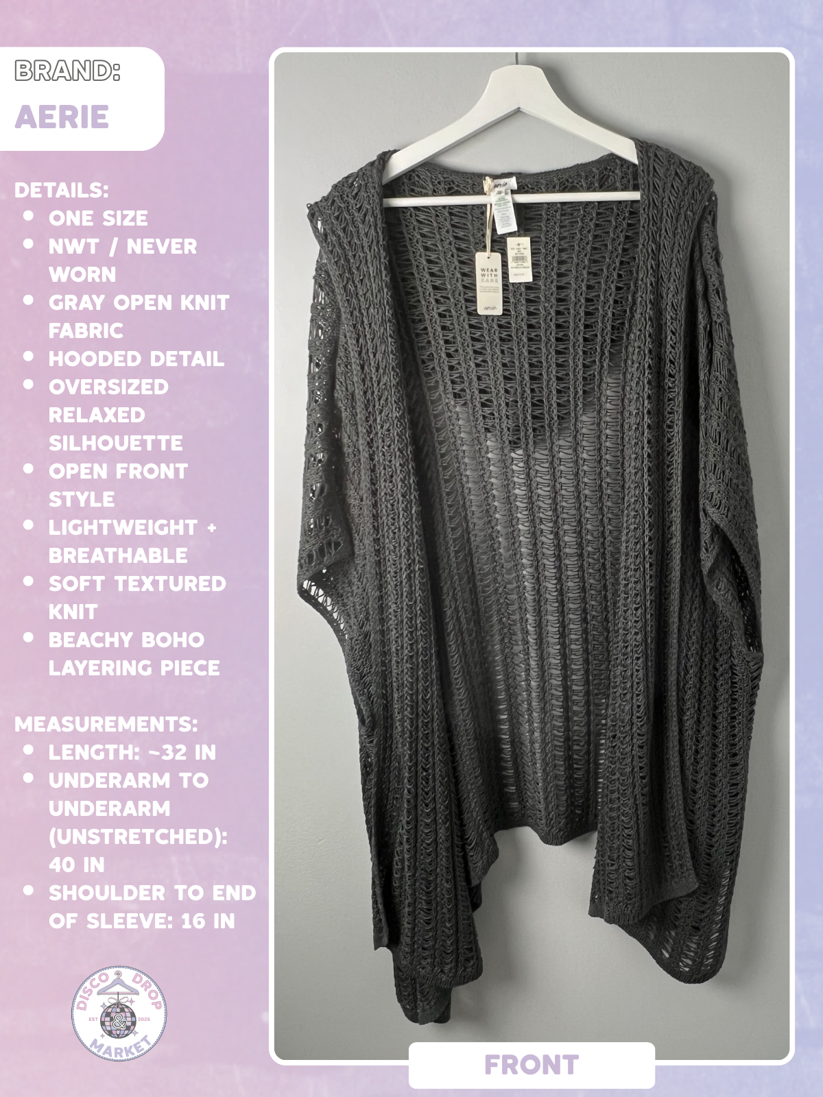 Aerie Gray Hooded Oversized Poncho Cardigan One Size NWT
