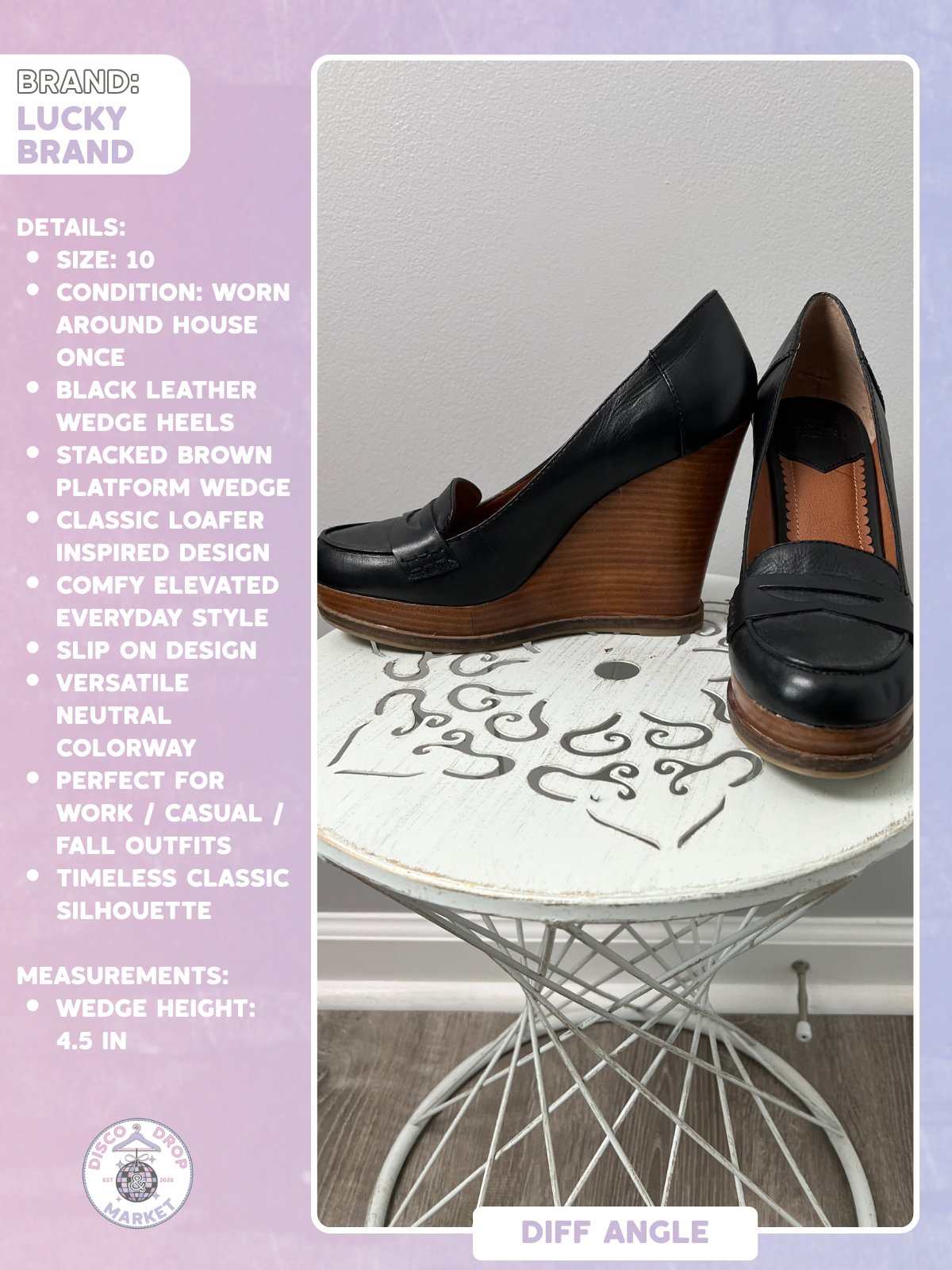 Lucky Brand June Black Leather Wedge Heels Size 10, Medium Width, Brown Platform Loafers