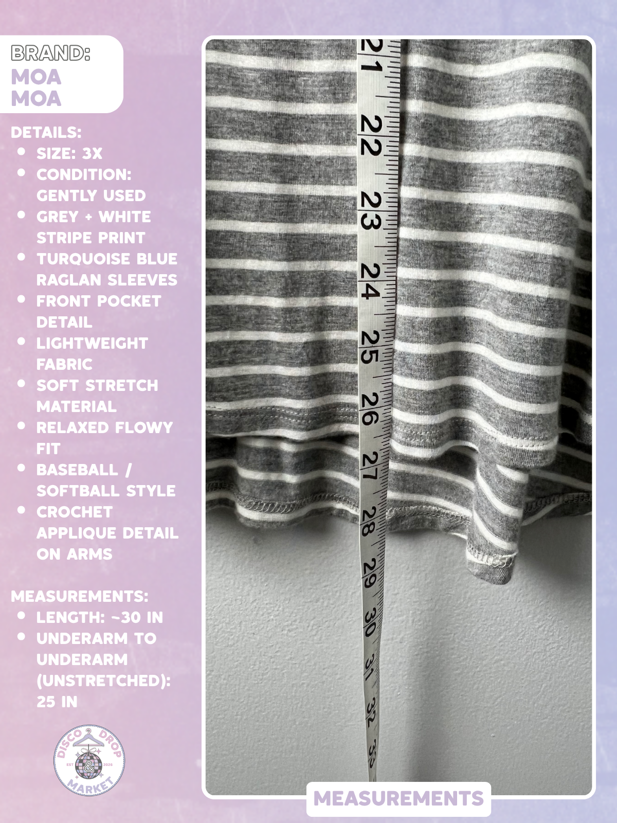 Moa Moa Women’s 3X Grey/White Stripe Raglan Tunic Top Blue Sleeve Softball Tee