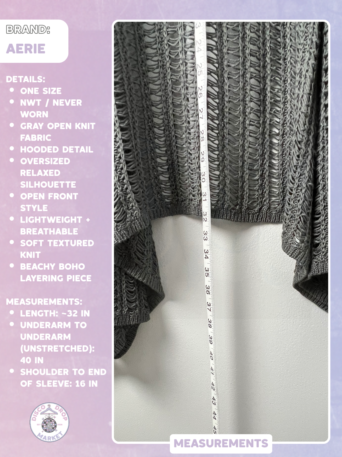 Aerie Gray Hooded Oversized Poncho Cardigan One Size NWT
