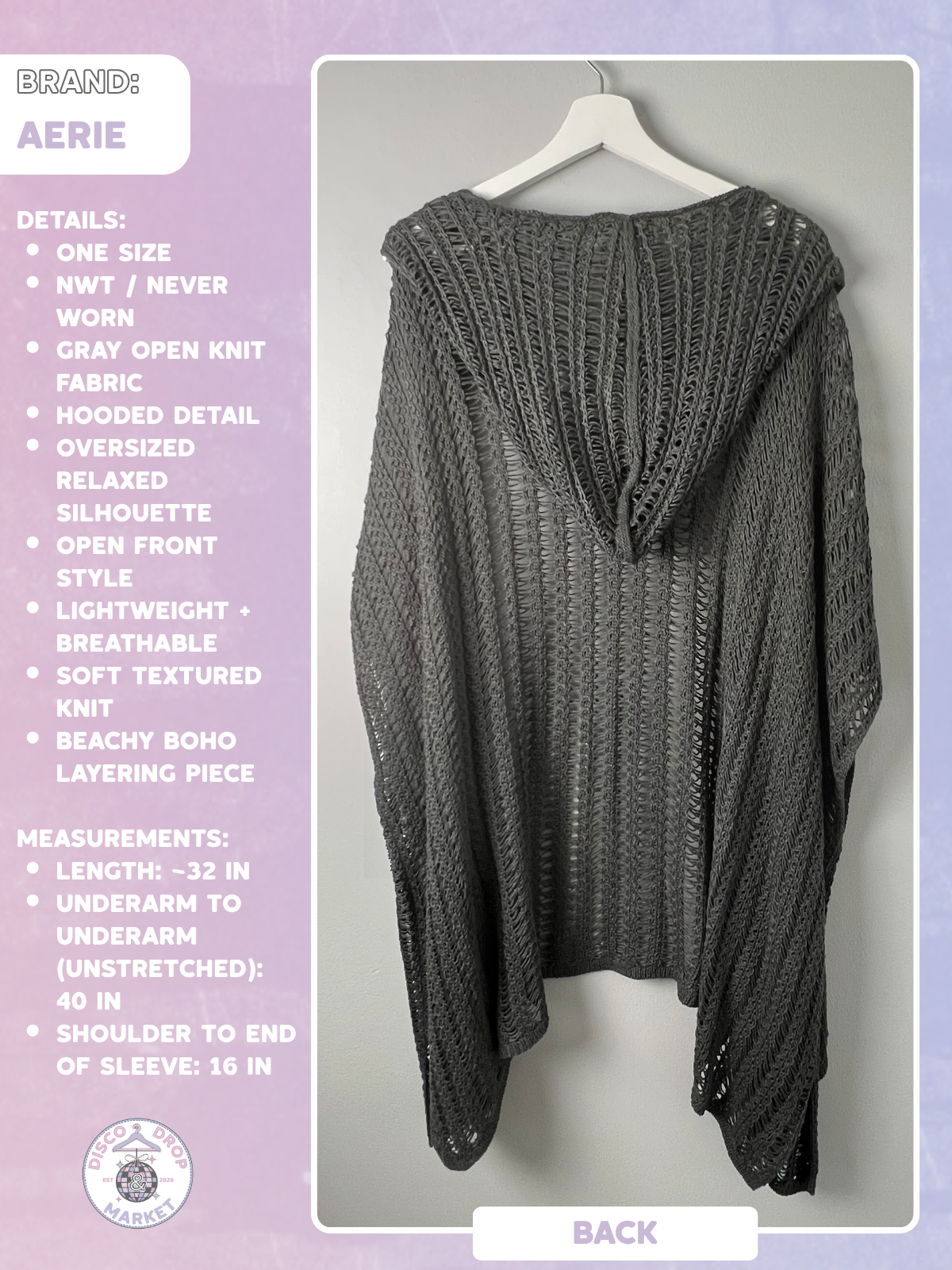 Aerie Gray Hooded Oversized Poncho Cardigan One Size NWT
