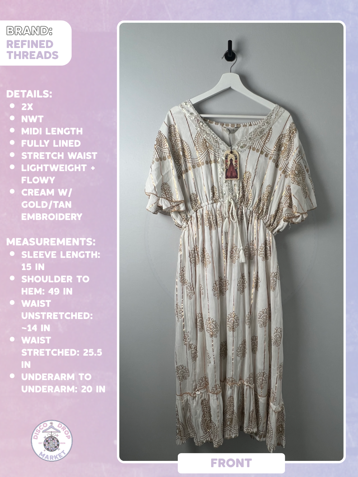 Gold Metallic Boho Dress | Refined Threads 2X