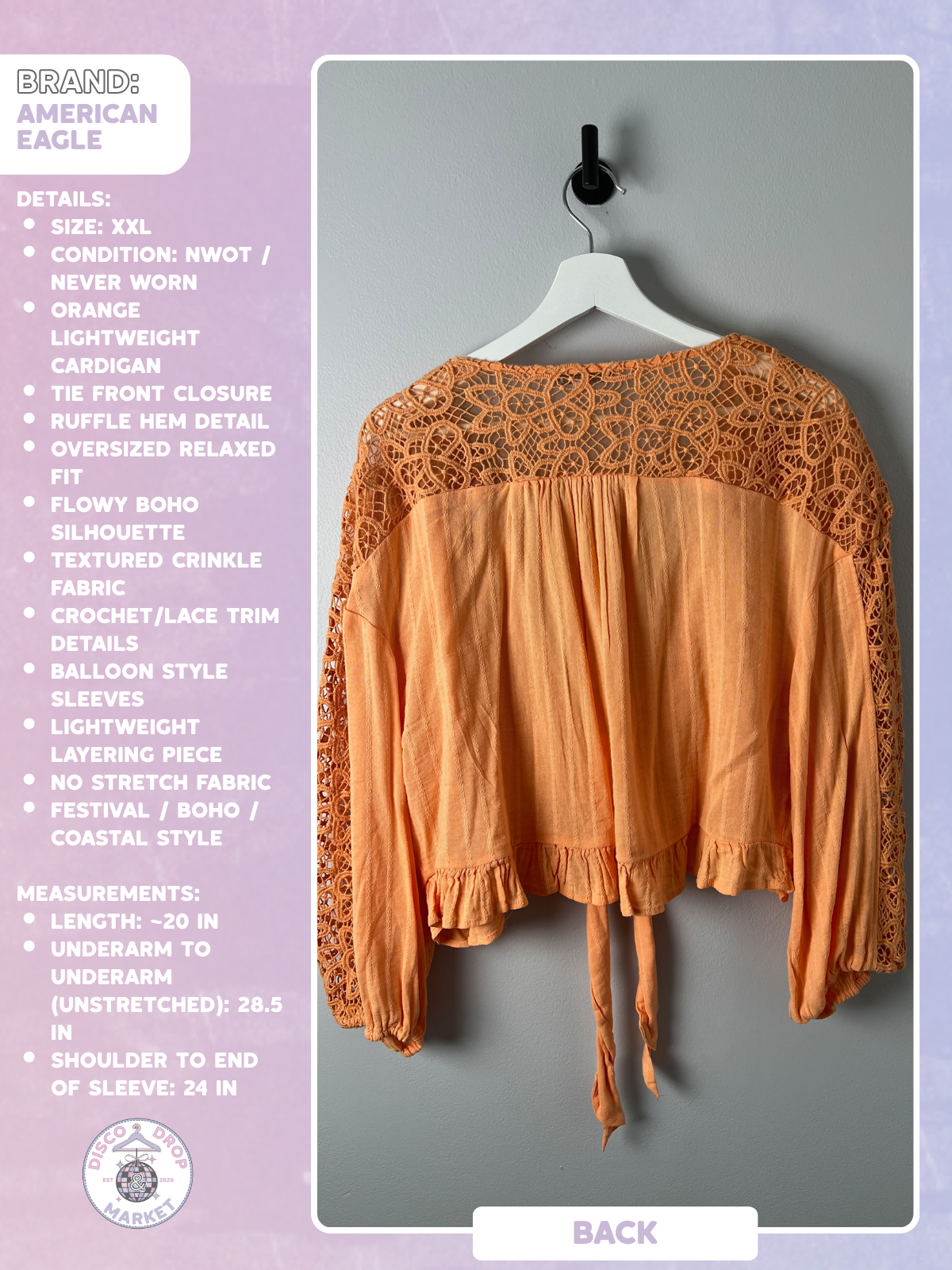 American Eagle Outfitters XXL Summer Orange Boho Tie-front Cardigan NWOT