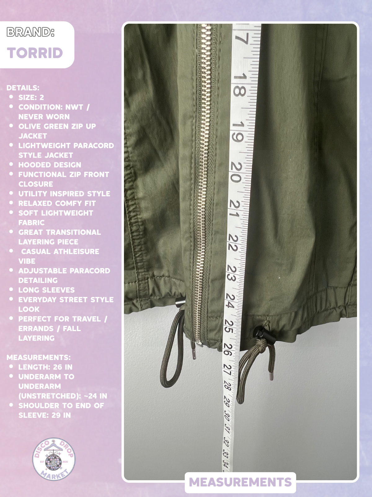 Torrid Olive Green Lightweight Paracord Zip-up Jacket Size 2 NWT