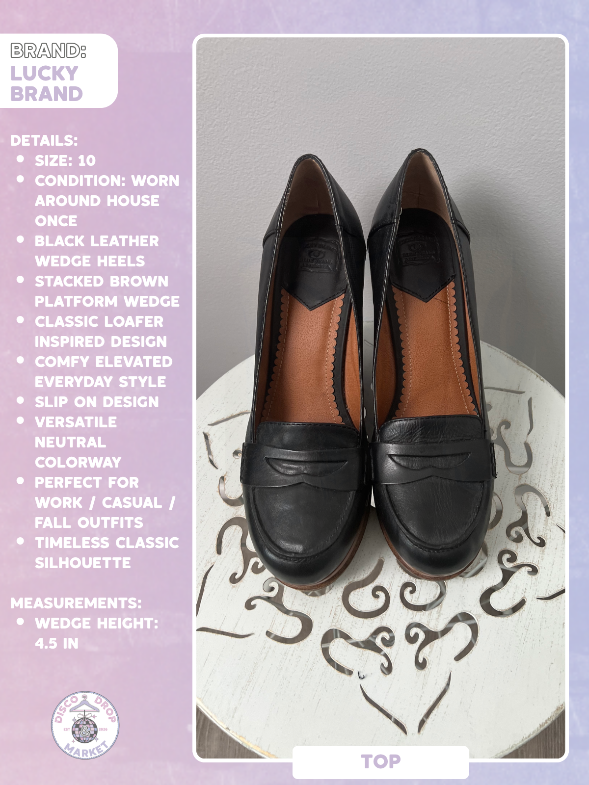 Lucky Brand June Black Leather Wedge Heels Size 10, Medium Width, Brown Platform Loafers