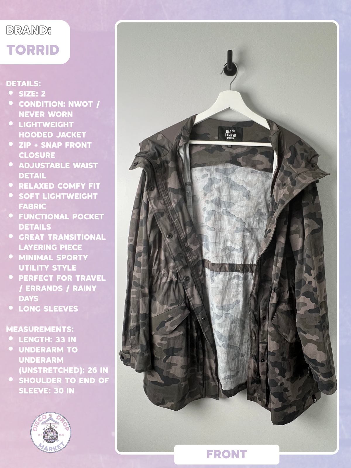 Torrid Happy Camper Camo Utility Jacket Size 2 NWOT Hooded Lightweight Plus Size