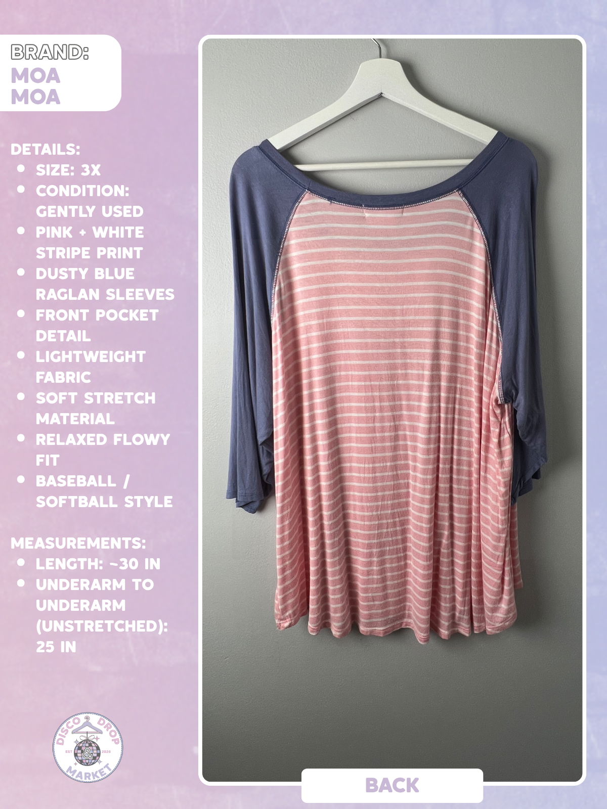 Moa Moa Women’s 3X Pink Stripe Raglan Tunic Top Blue Sleeve Boho Softball Tee