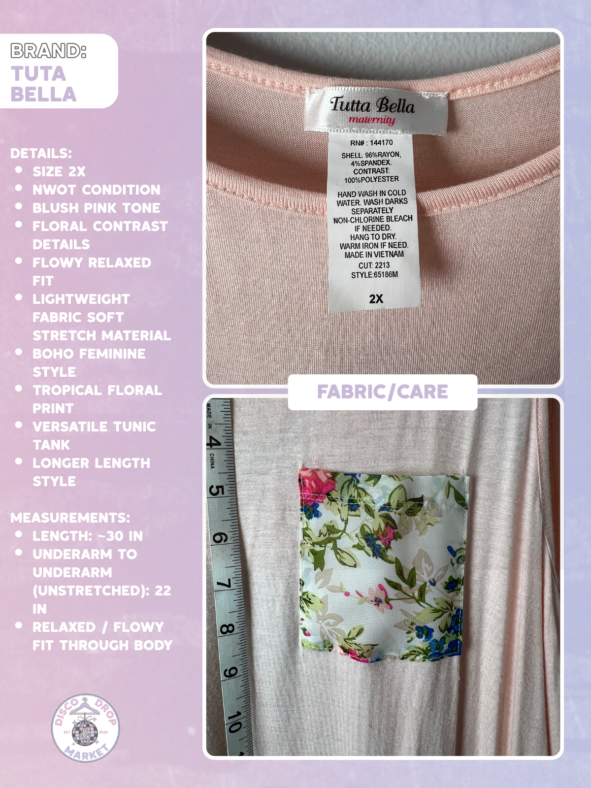 Tuta Bella Pink Floral Flowy Tunic Tank Top 2X NWOT