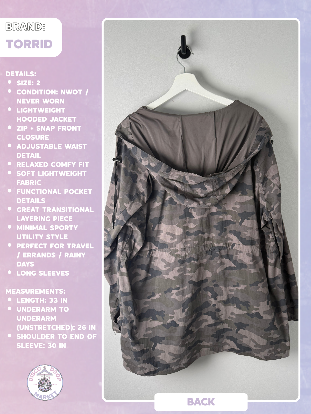 Torrid Happy Camper Camo Utility Jacket Size 2 NWOT Hooded Lightweight Plus Size