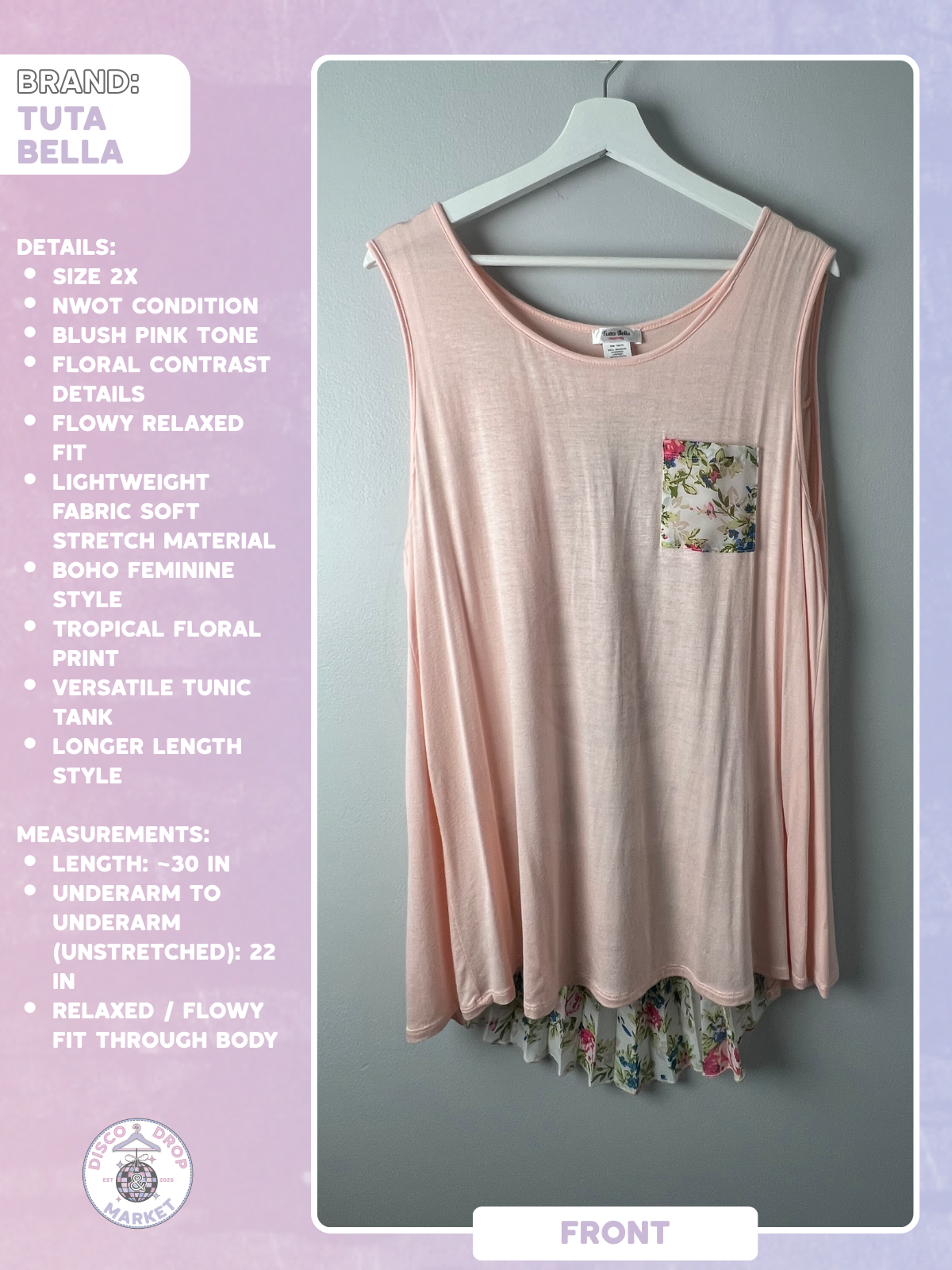 Tuta Bella Pink Floral Flowy Tunic Tank Top 2X NWOT