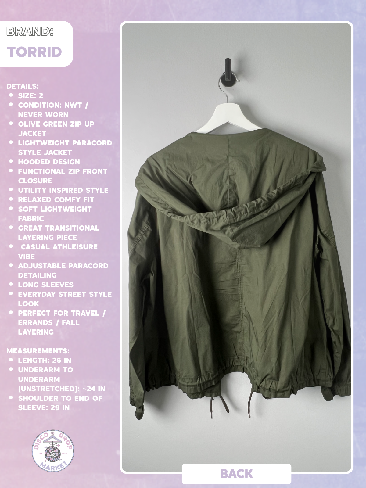 Torrid Olive Green Lightweight Paracord Zip-up Jacket Size 2 NWT