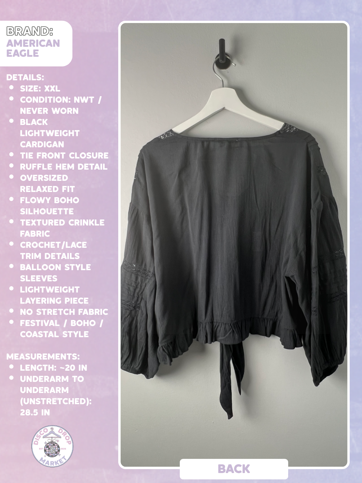 American Eagle Outfitters XXL Black Tie-front Cardigan/Top NWT