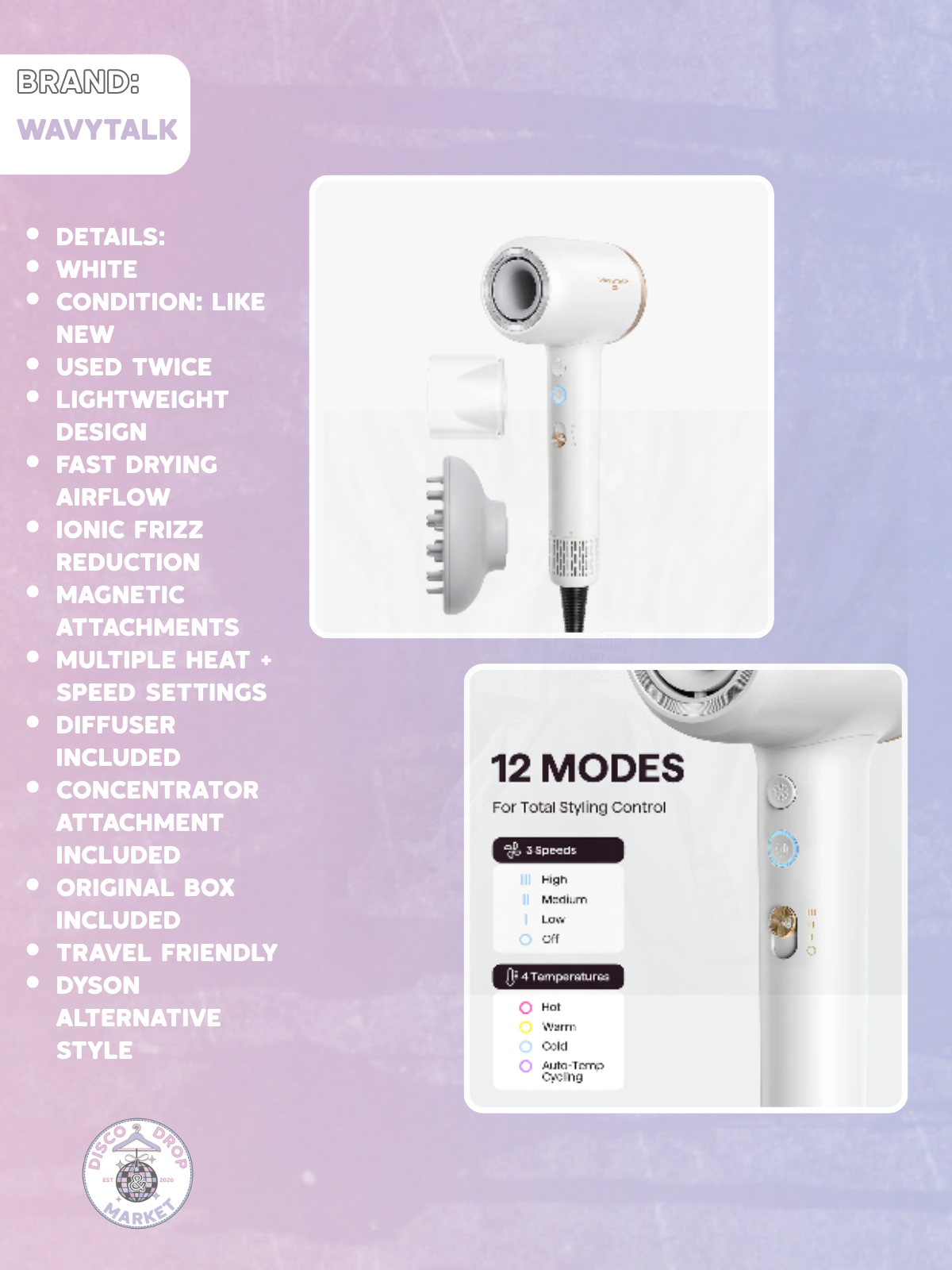 WAVYTALK Turblow Pro Hair Dryer in White USED 2 TIMES