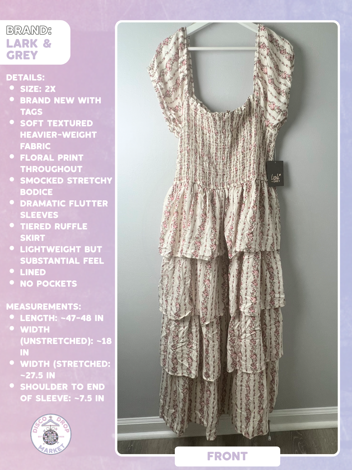 Lark & Grey Floral Smocked - Nashville Vibes - Maxi Dress NWT 2X