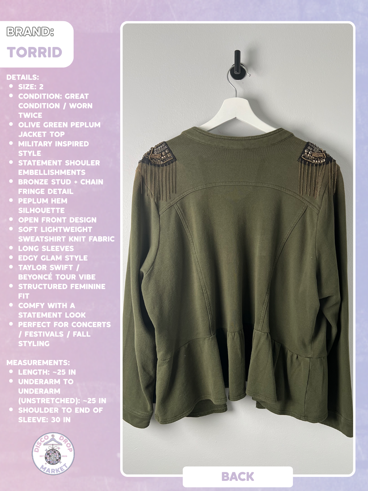 Torrid Olive Green Embellished Peplum Jacket Top, Good Condition