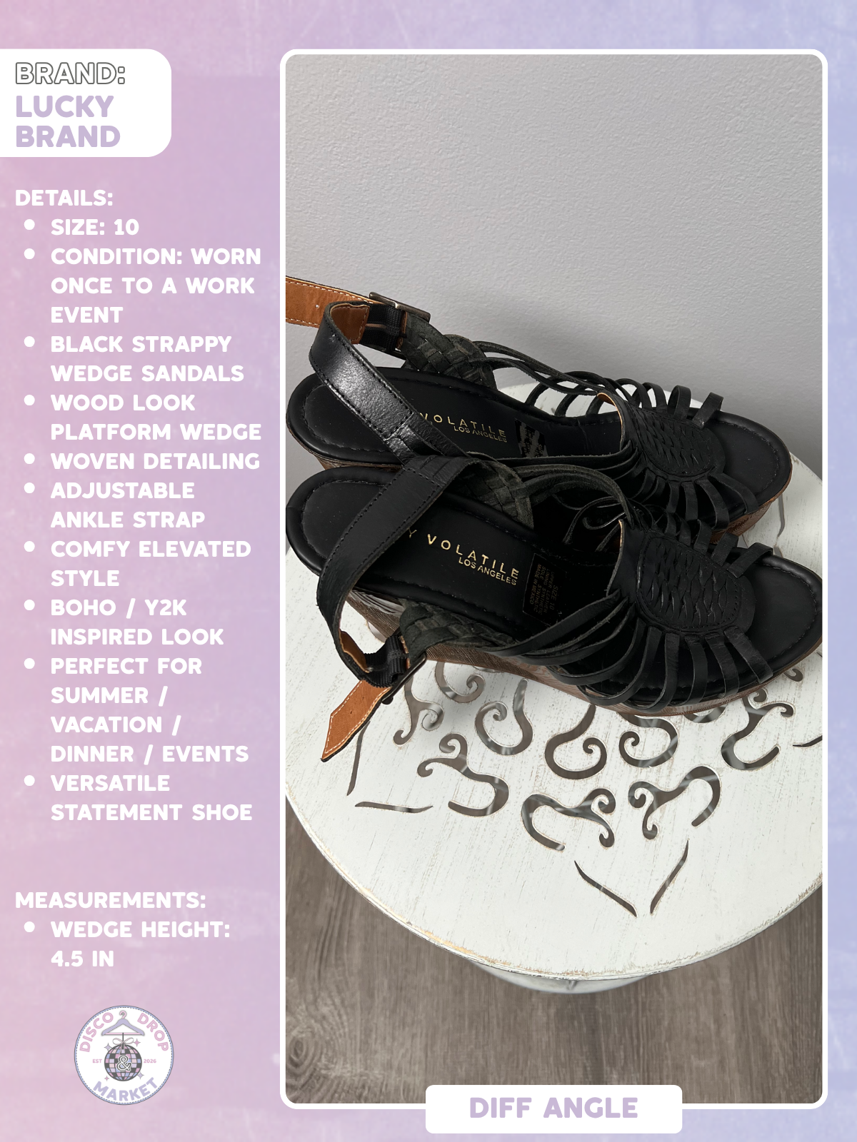 Volatile Los Angeles black wedge sandals in size 10