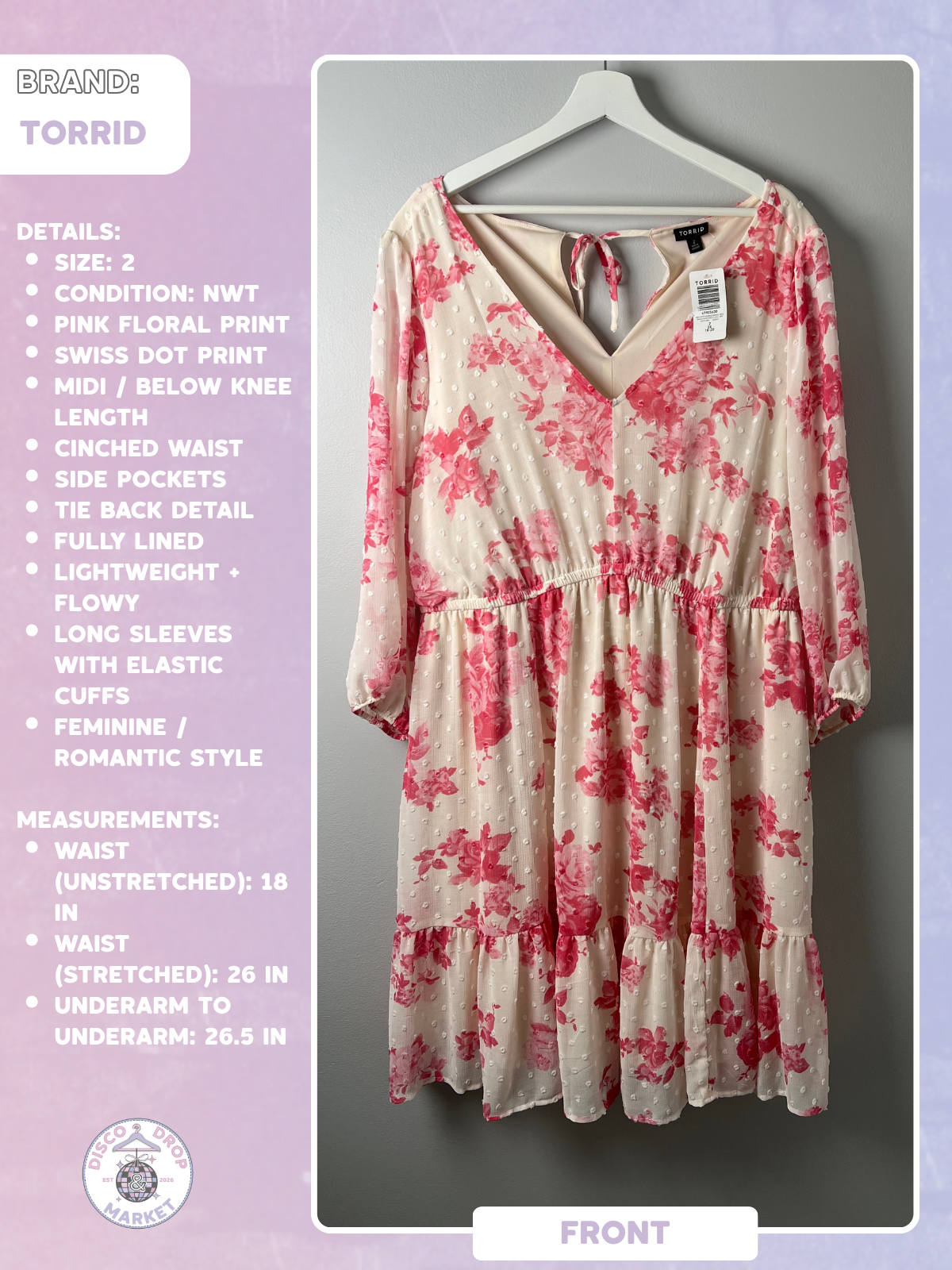 Pink Floral Swiss Dot Dress | Torrid Szie 2 NWT