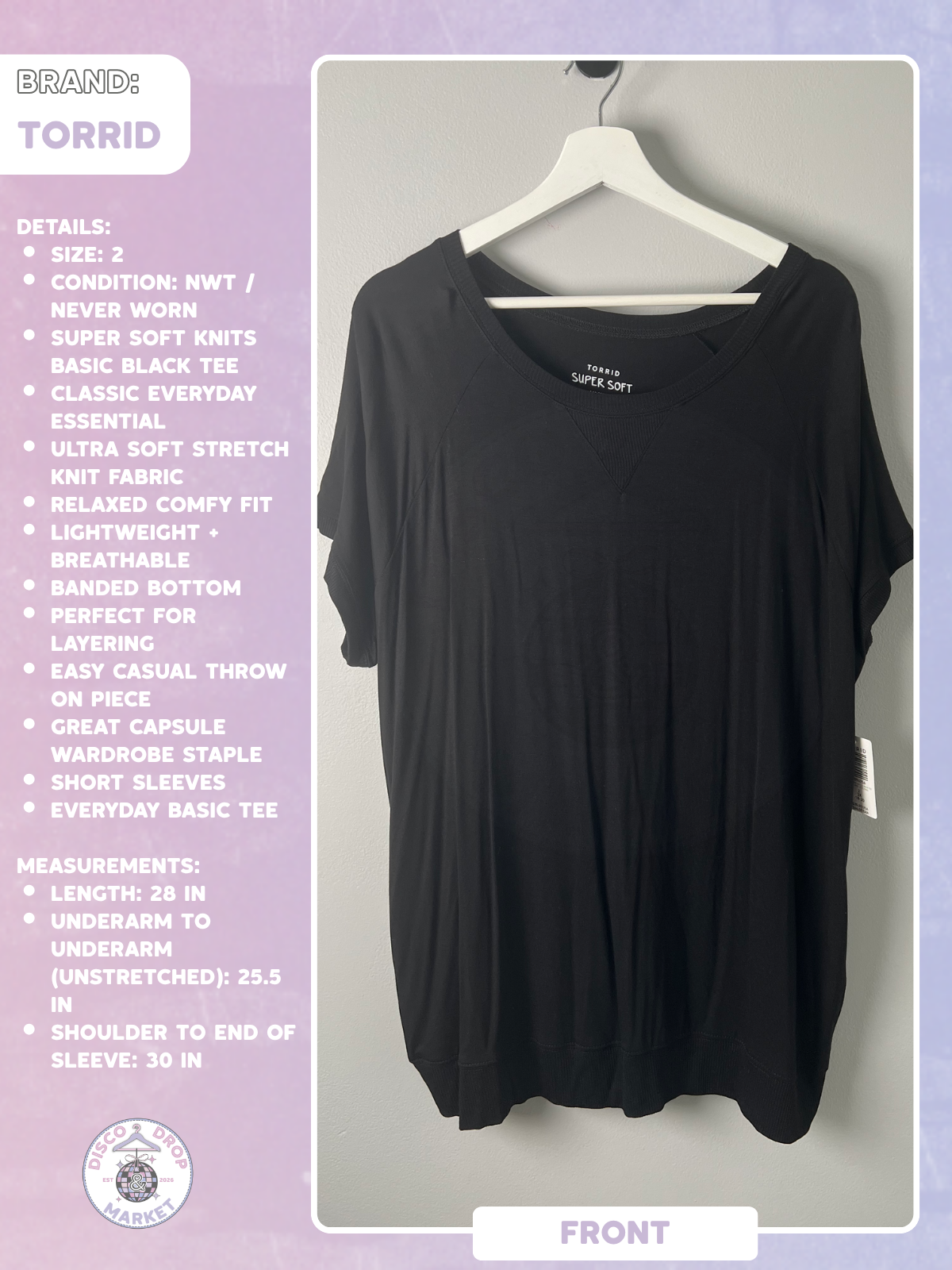 Torrid Super Soft Knits Basic Black Tee Size 2 NWT Plus Size Everyday Essential