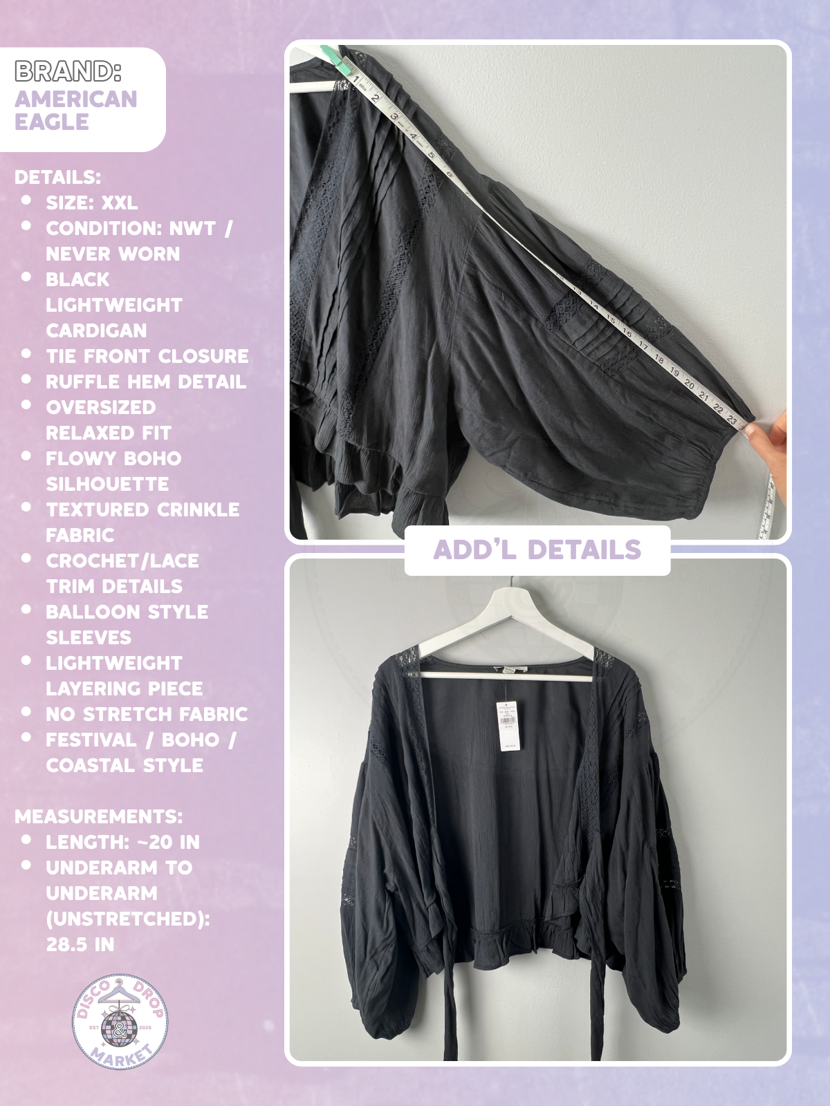 American Eagle Outfitters XXL Black Tie-front Cardigan/Top NWT