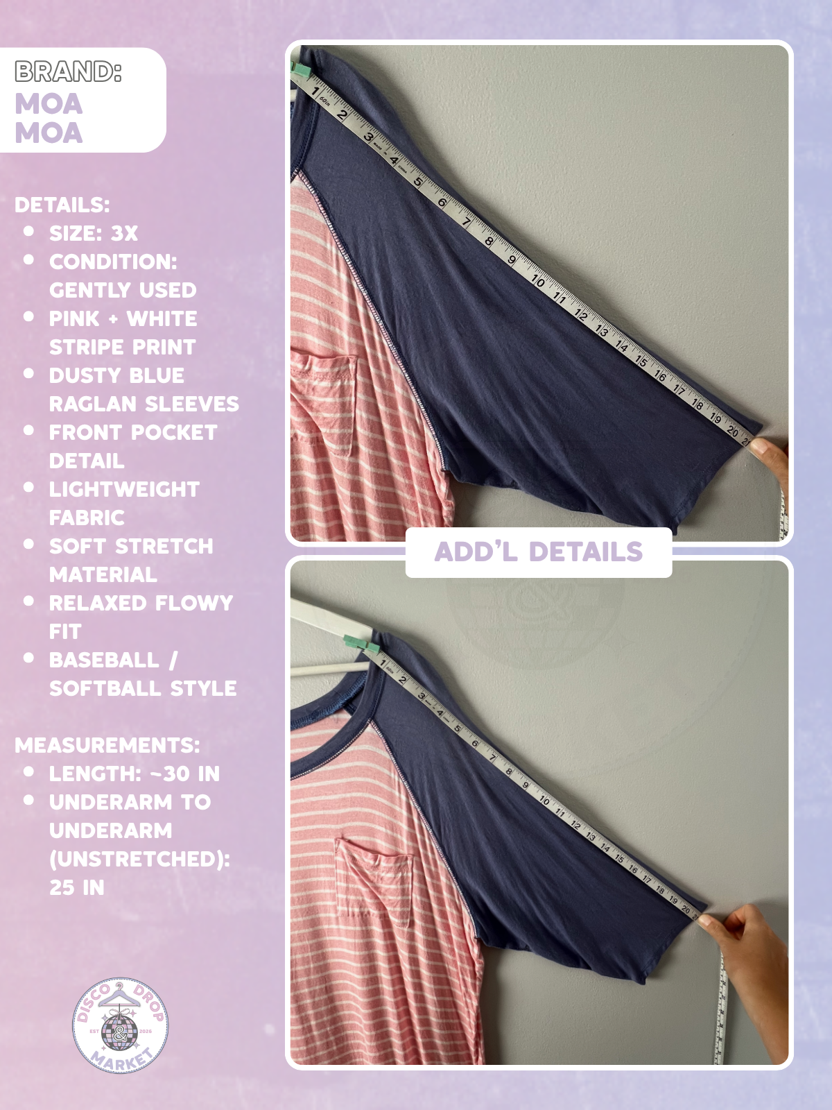 Moa Moa Women’s 3X Pink Stripe Raglan Tunic Top Blue Sleeve Boho Softball Tee