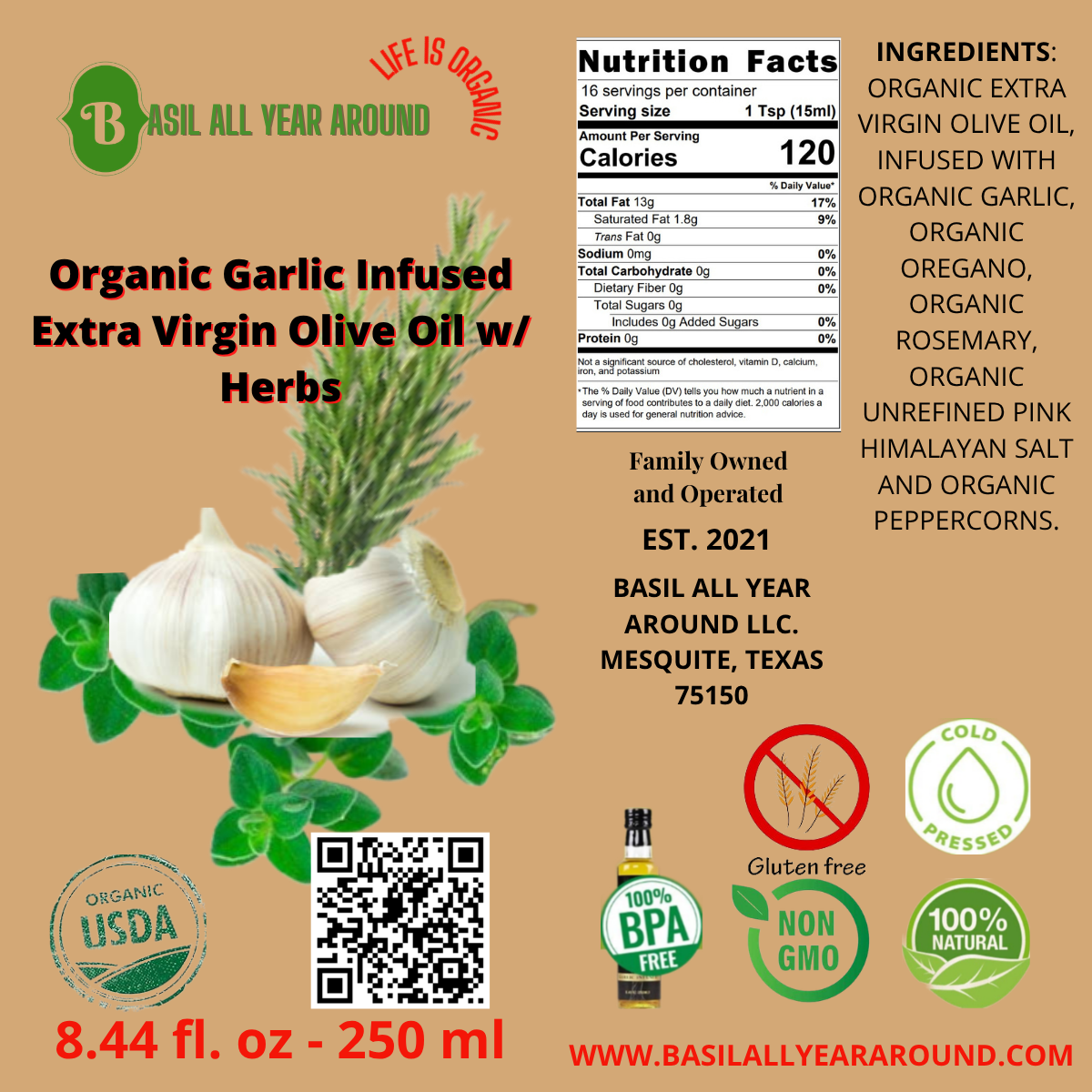 Organic Garlic Infused Extra Virgin Olive Oil with Herbs