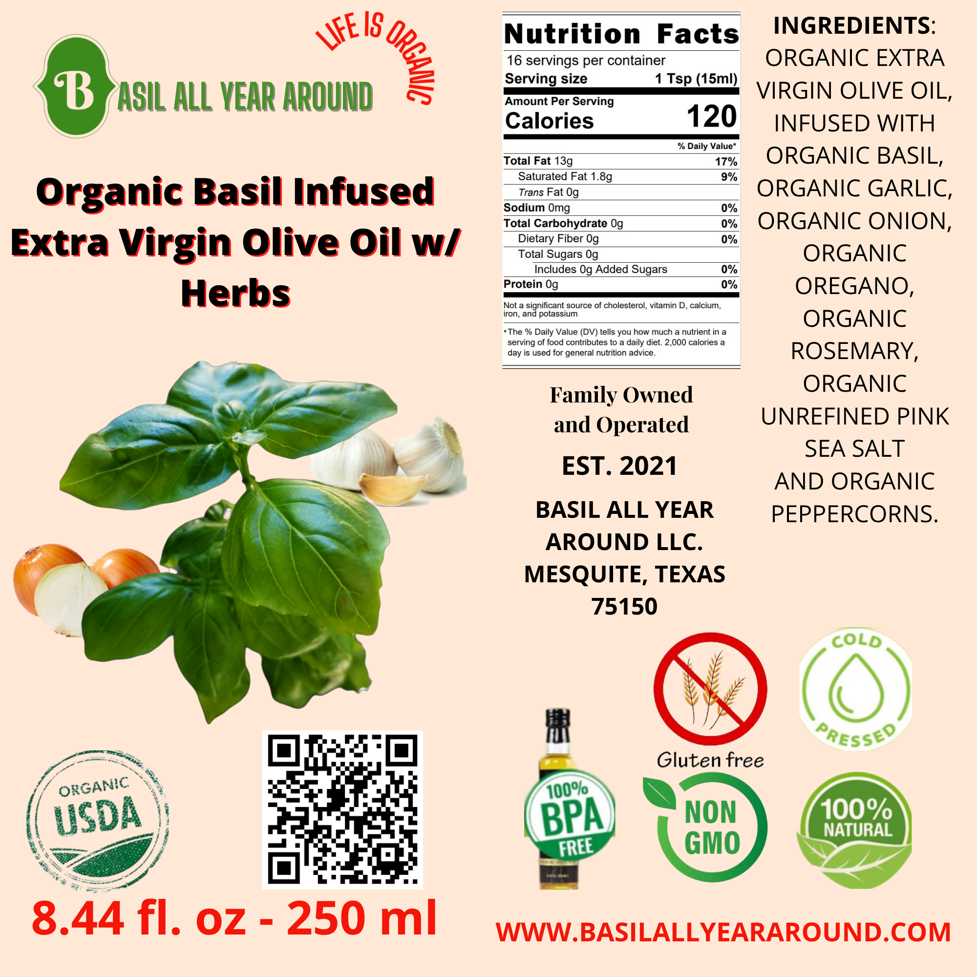 Organic Basil Infused Extra Virgin Olive Oil w/ Herbs