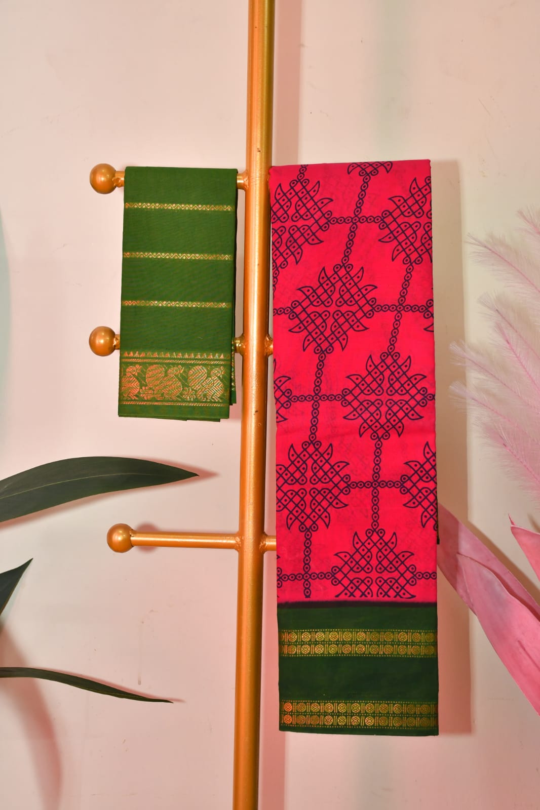 Traditional Pink & Green Kolam Saree