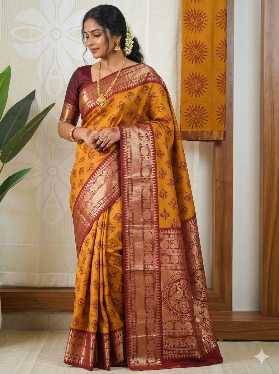 Traditional Mustard Yellow and Maroon Gadwal Silk Cotton saree 