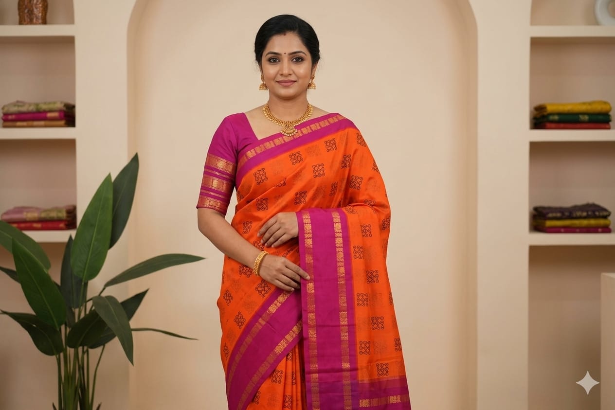 Orange Sungudi Saree with Pink Border