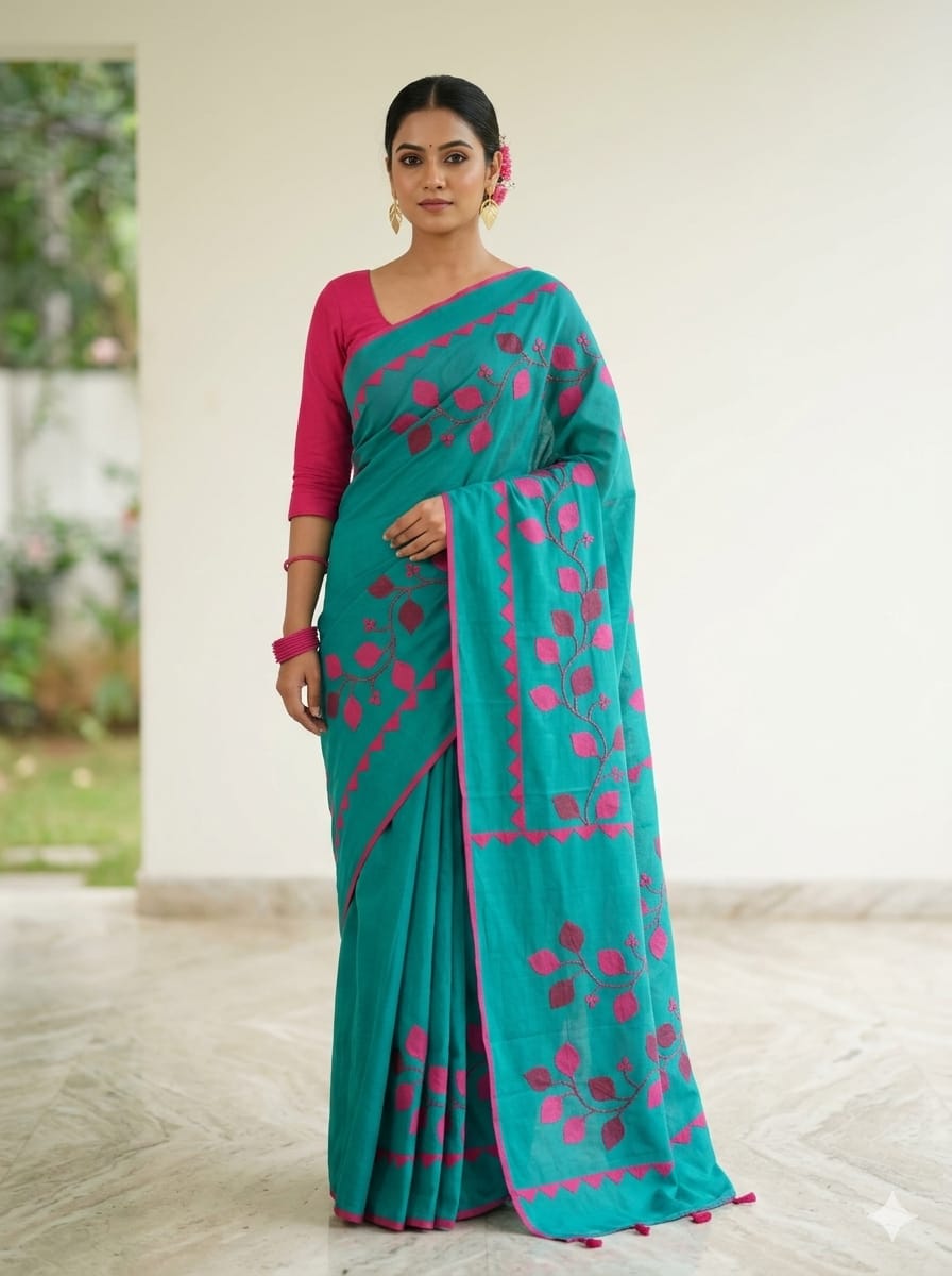 Turquoise Floral Cotton Saree