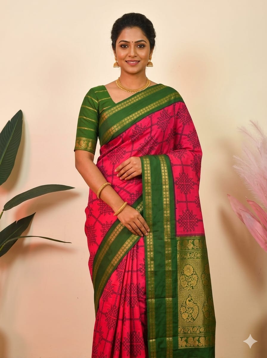 Traditional Pink & Green Kolam Saree