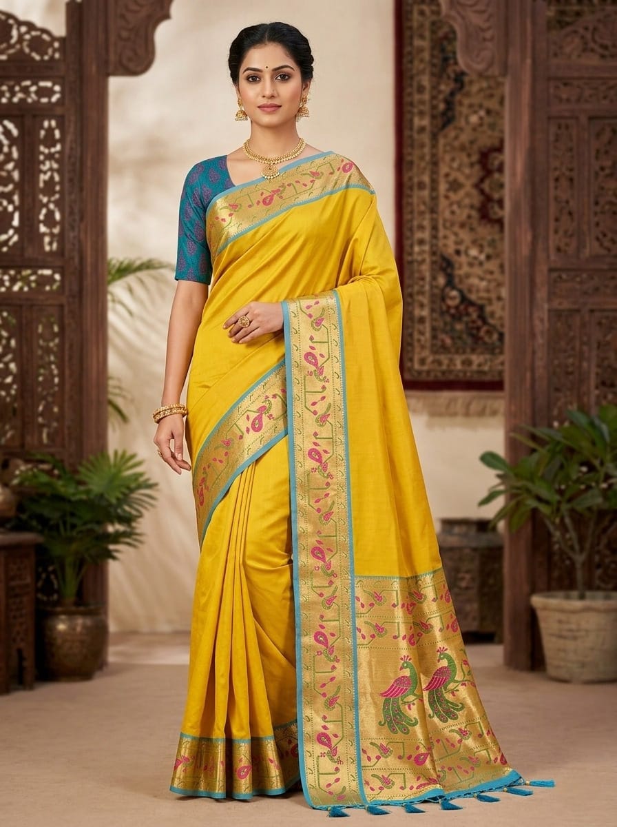 Traditional Yellow Chettinad cotton  Saree